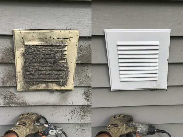Stonington Dryer Vent Cleaning technician installing high-quality dryer vent cover at a residential property in Stonington