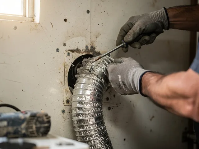 Stonington Dryer Vent Cleaning technician performing precise dryer vent hose installation in Stonington